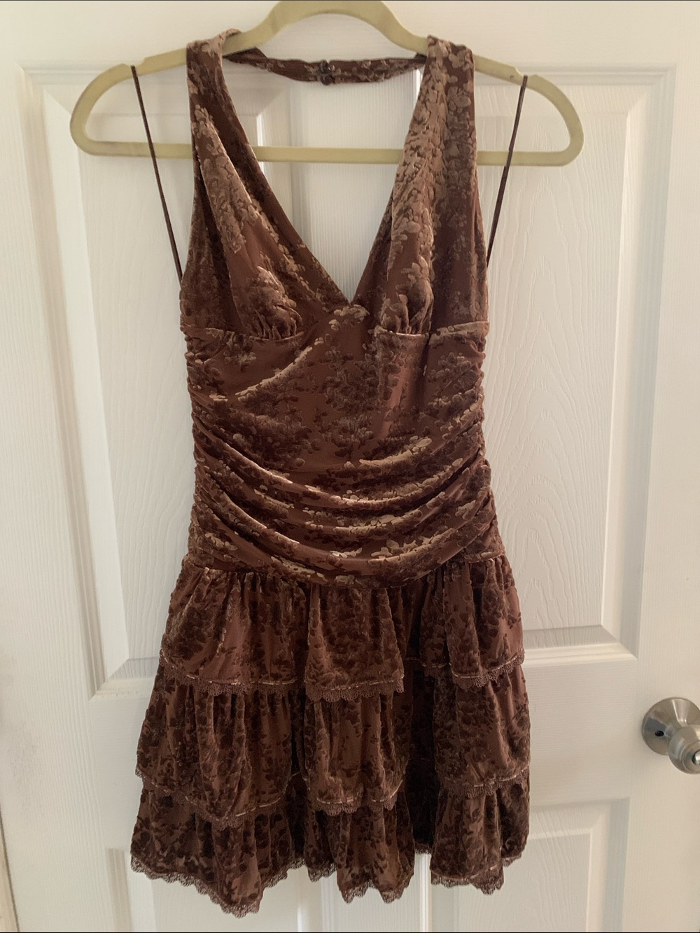 Brown Velvet Tiered V-Neck Dress